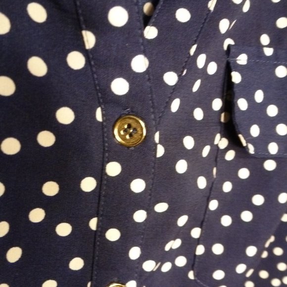 Notations blue white polka dot tab sleeve button notch neck tunic blouse L XL - Picture 3 of 5